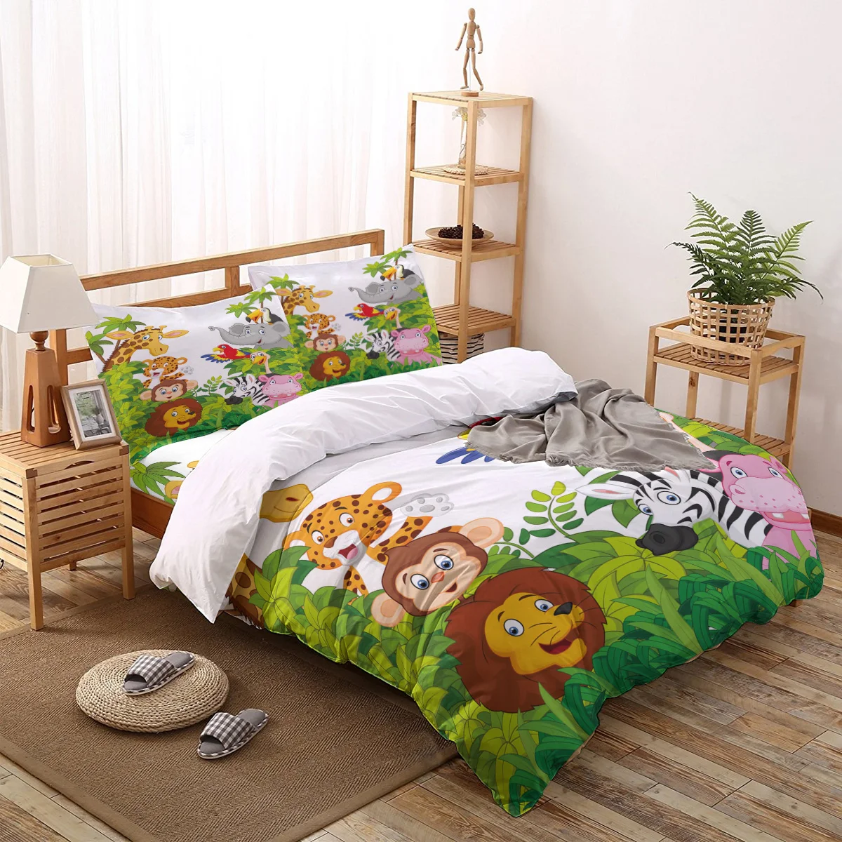 Jungle Forest Animal Cartoon Giraffe Lion Zebra Elephant Home Textile Duvet Cover Pillow Case Bed Sheet Kids Bedding Linens Set