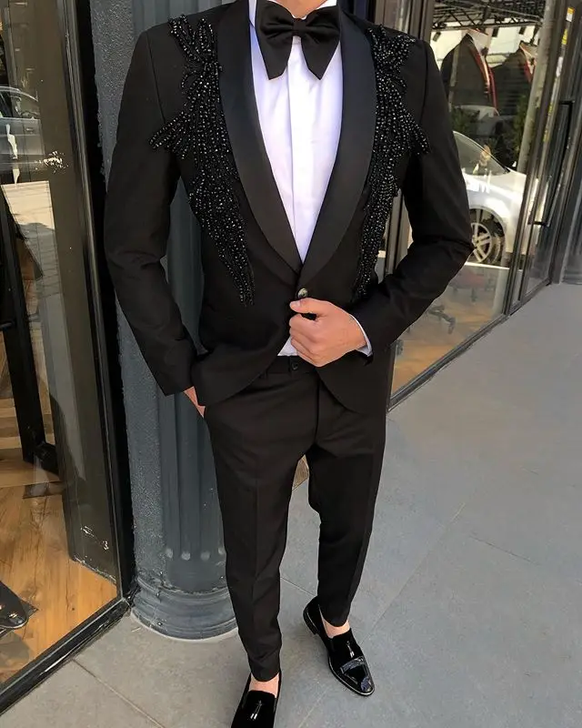 

JELTONEWIN 2022 Luxury Formal Men Suits Costume Black 2 Pieces Set Lace Beads Slim Fit Wedding Party Blazer Pant Groom Tuxedo