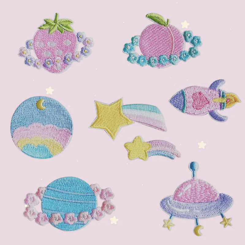 Self-adhesive Planet Meteor Rocket Space Embroidery Sticker Iron on Patchse for Clothing Cartoon Appliques Applications on Kids