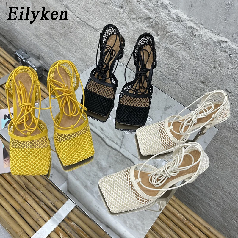 Eilyken Sexy Mesh Pumps Sandals Female Square Toe High Heel Lace Up Cross-Tied Stiletto Hollow Dress Shoes Zapatos Mujer