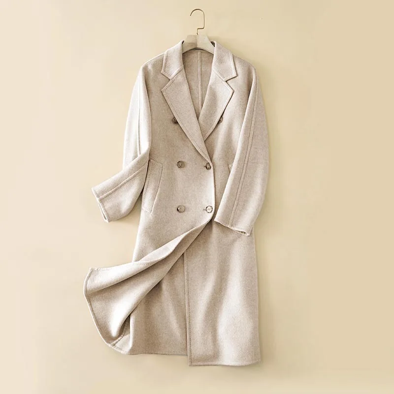 

2022 europe fashion 100% cashmere outerwear long women's winter thick jacket with pocket knee length loose chic coat knitted