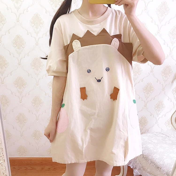 Japanese embroidery short-sleeved mid-length dress loose loose round neck T-shirt female summer  high waist victorian dress cos