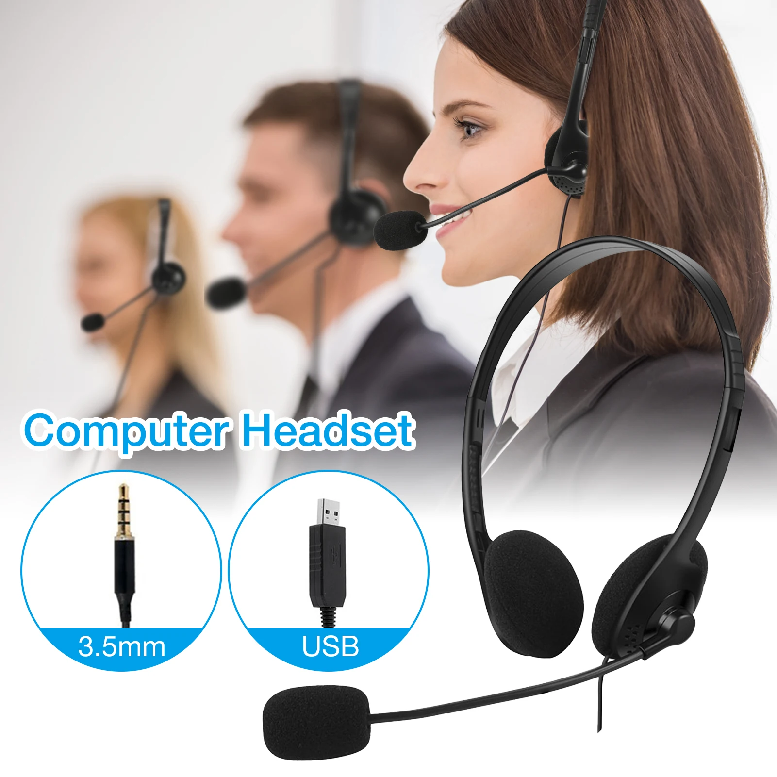 New USB Headset with Microphone for PC 3.5mm Business Headsets with Mic Mute Noise Cancelling for Call Center Headphones