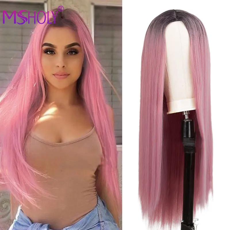

Ombre Pink Long Straight Wig Synthetic Ombre Hair Wigs For Women Black White Pink Purple Blue Red Blonde Cosplay Wig Msholy