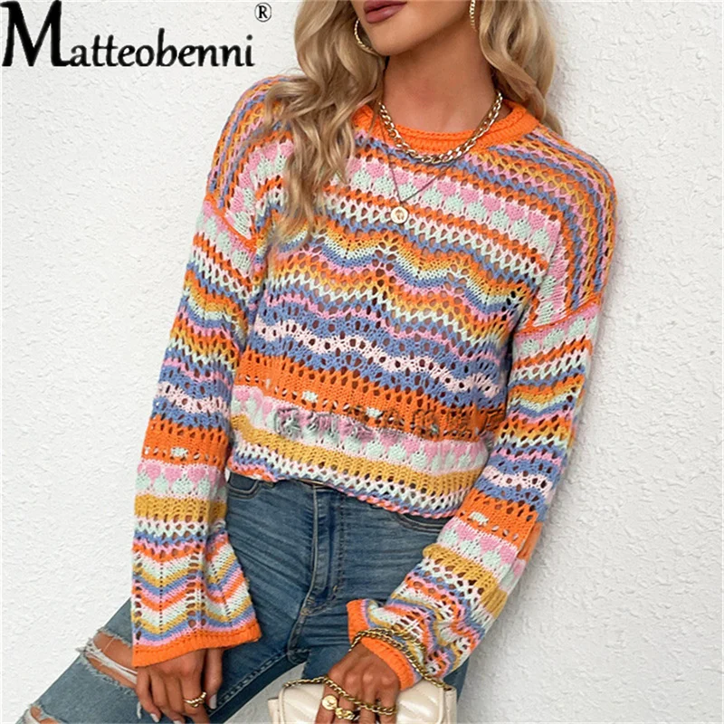 2021 Autumn Winter Women Patchwork loose Inter-Color Rainbow O Neck Striped Print Sweater Ladies Fashion Casual knitting Sweater