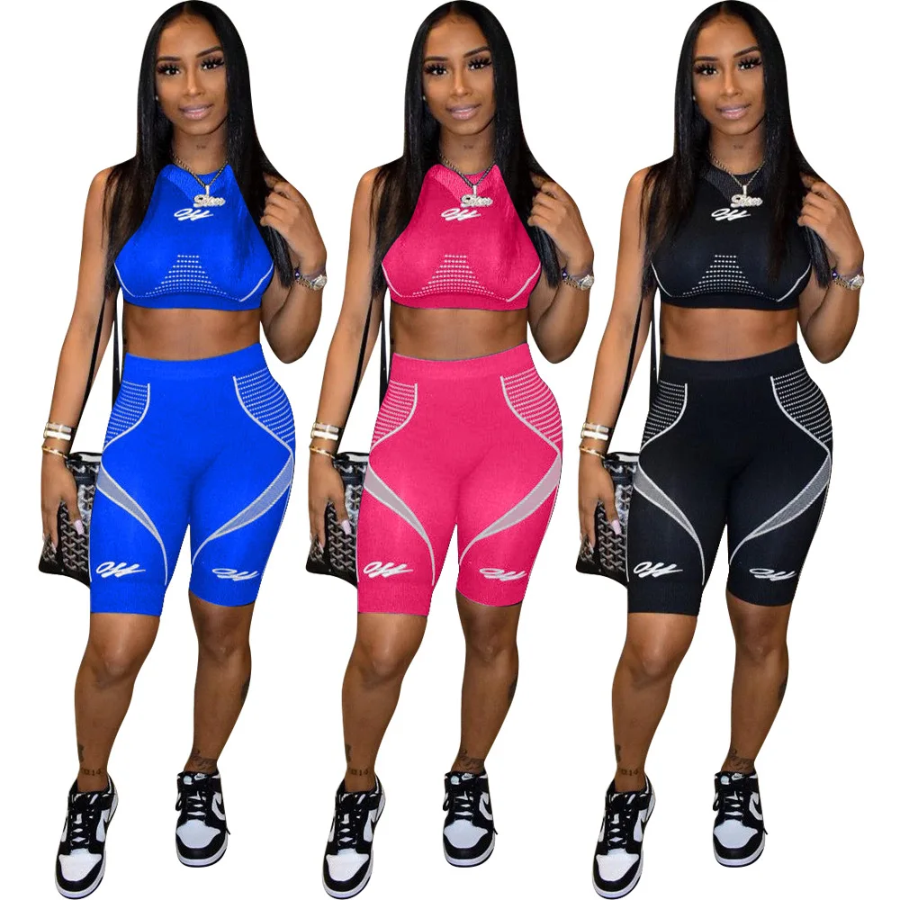 FNOCE Summer New Style Women's fashion Casual Positioning Printed Sports Pants Suit Two-piece Suit