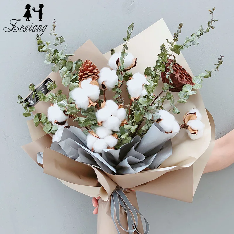 10 pcs/pack Natural cotton dry flowers with wire rod bouquet decorative materials floral DIY accessories