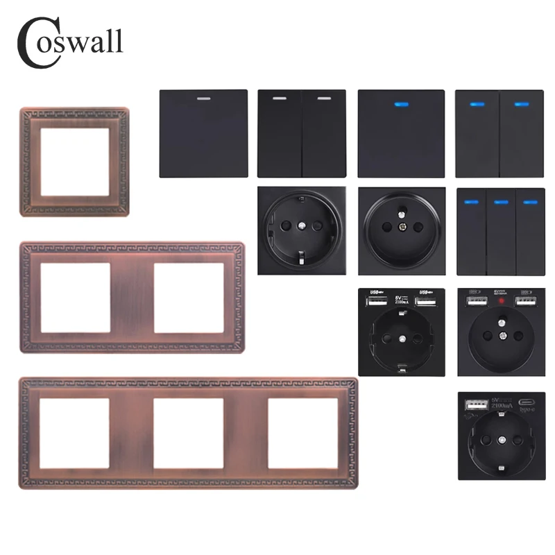 COSWALL Zinc Alloy Panel Retro Luxurious Rocker Switch EU Socket HDMI-compatible USB Type-C 18W Fast Charger TV RJ45 Module DIY