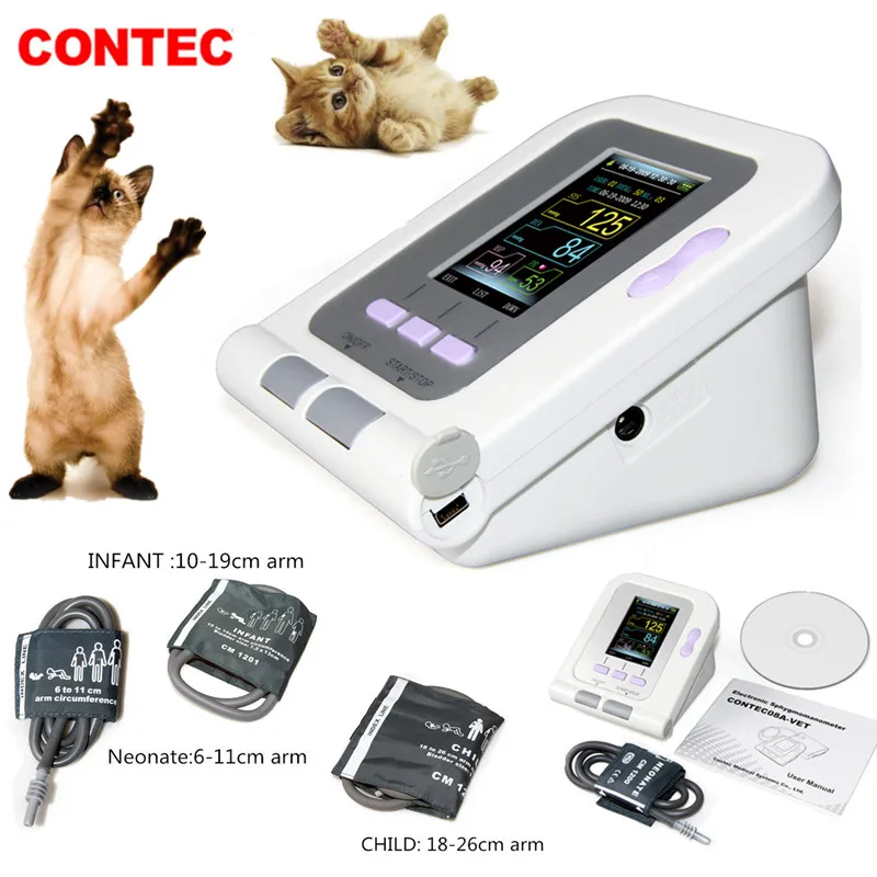 CONTEC 08A-VET Digital Blood Pressure Monitor,Veterinary/Animal NIBP+SPO2 Probe(Optional) Three Cuffs, Power Adapter