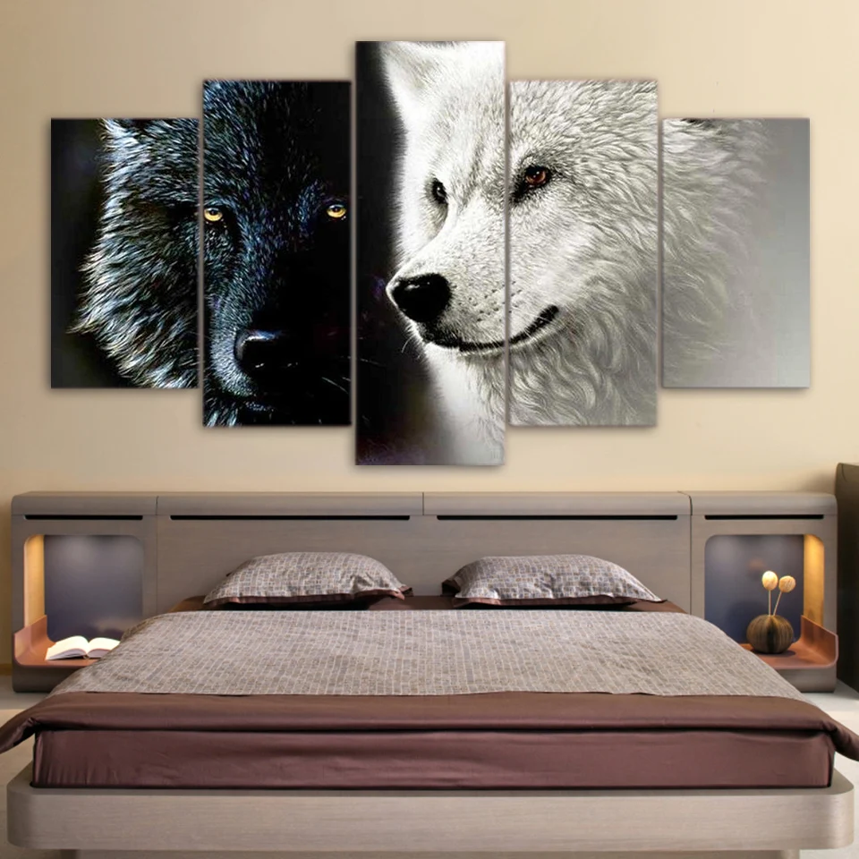 

5pcs Abstract Black White Wolf Poster Modular Picture Wall Art Decor Canvas HD Printed Oil Paintings For Living Home Decoration