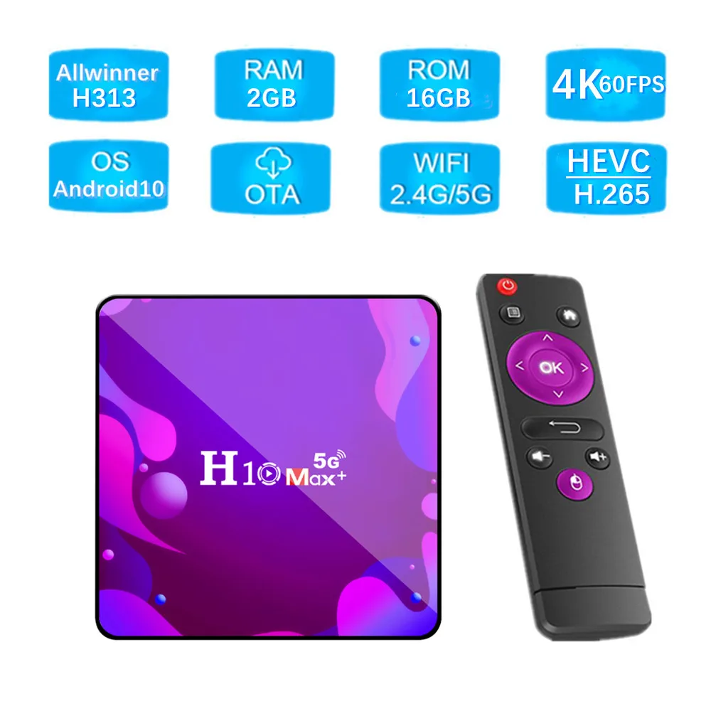 H10 Max plus Smart TV Box Android 10.0 Set Top Box H313 Quad Core 64 Bit 2GB 16GB ROM 5G 2.4G WIFI 4K Smart Media Player