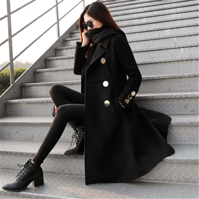 

Spring new British style Double-breasted fashion female Slim slimming black woolen coat waist long woolen coat female A215