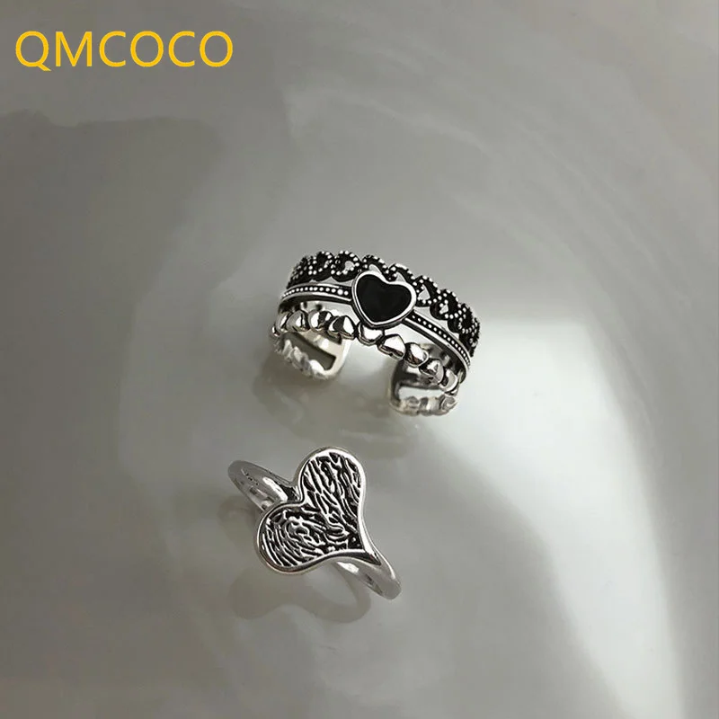 

QMCOCO Silver Color OL Style Ring For Women Heart Black Zircon Finger Open Adjustable Ring Trendy Vintage Jelwery Gifts