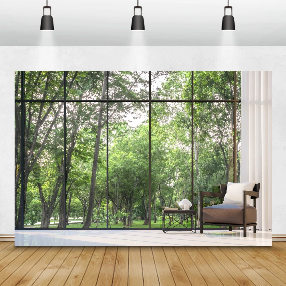 

Laeacco Modern Living Room Window Tree Forest House Interior Photography Backdrop Blue Sky Field Photo Background Photo Studio