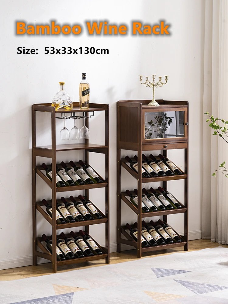 Estante para vino de 3 capas, 53x33x78cm, soporte para vino de bambú de calidad para sala de estar, estante para vino para restaurante, portavasos de acero inoxidable opcional