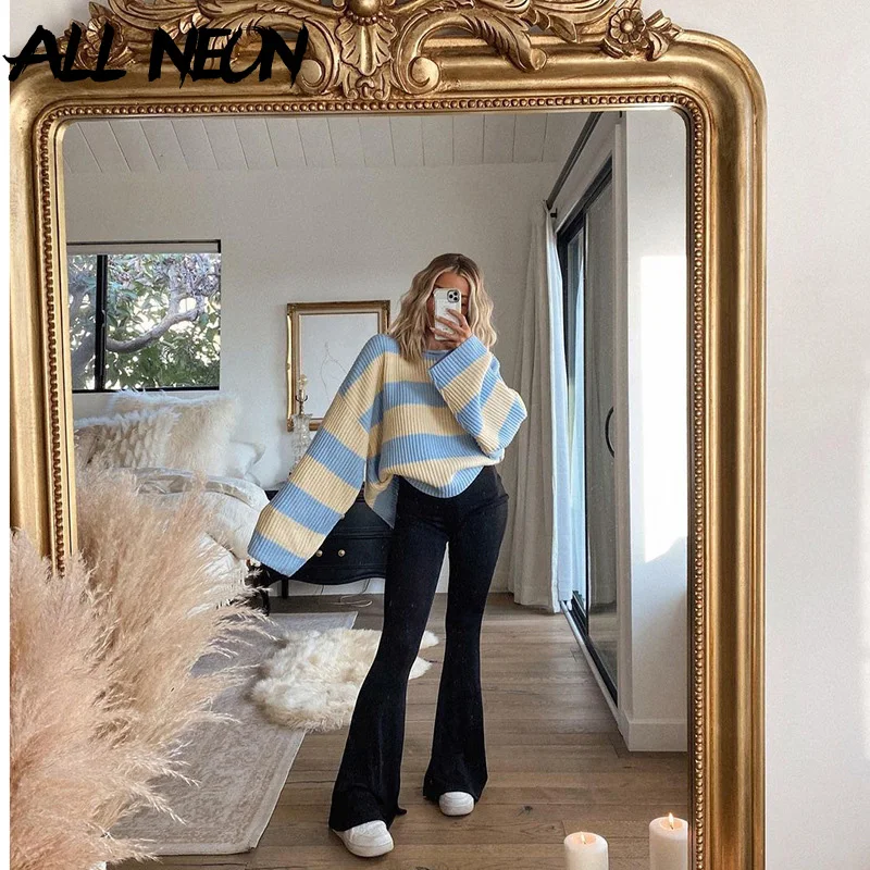 ALLNeon 90s Aesthetics High Waist Black Flare Pants Y2K Streetwear Slim Full Length Basic Trousers Mall Goth Long Pants Women