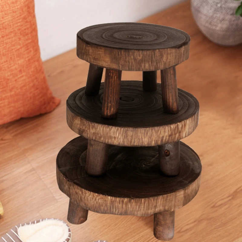 Wood Round Bench Flower Pot Holder Plant and Succulent Flower Pot Base Display Stand Stool Home Garden Patio Decoration Shelf