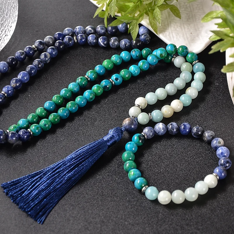 

8mm Natural Blue Sodalite Phoenix Lapis Lazuli Amazonite Beaded Necklace Meditation Yoga Blessing Jewelry Set 108 Mala Rosary