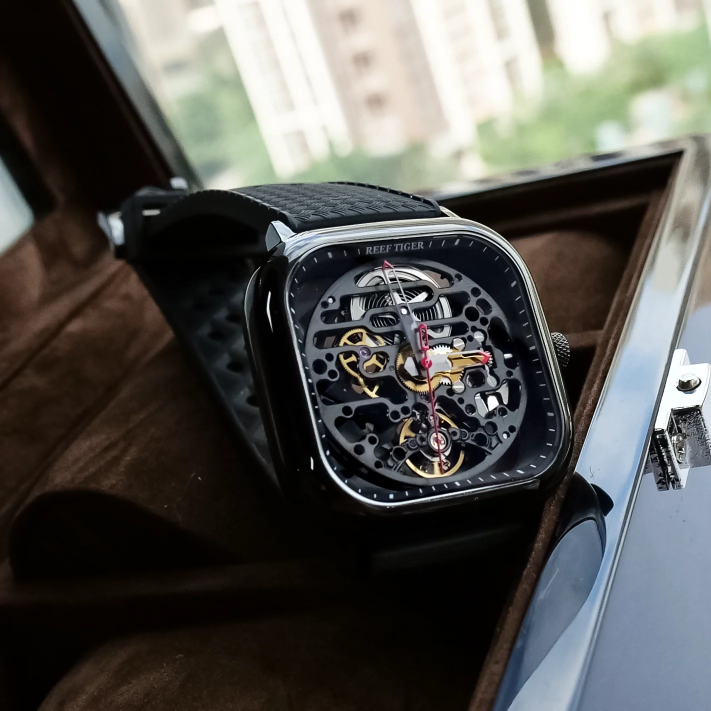 Reef Tiger/RT Top Brand Luxury Watch Men Designer Square Watch Waterproof All Black Mechanical Relogio Masculino RGA9075