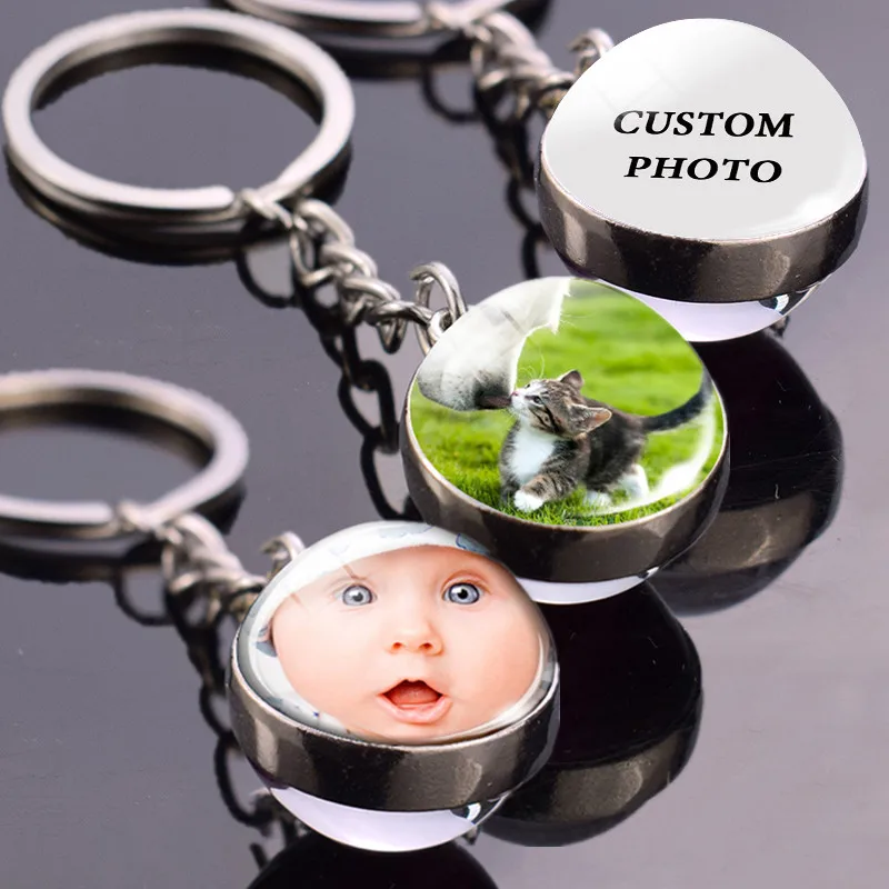 Diy Keychain Custom Logo Photo Glass Ball Key Chain Personalized Keyring Keyholder For Family Christmas Birthday Gift