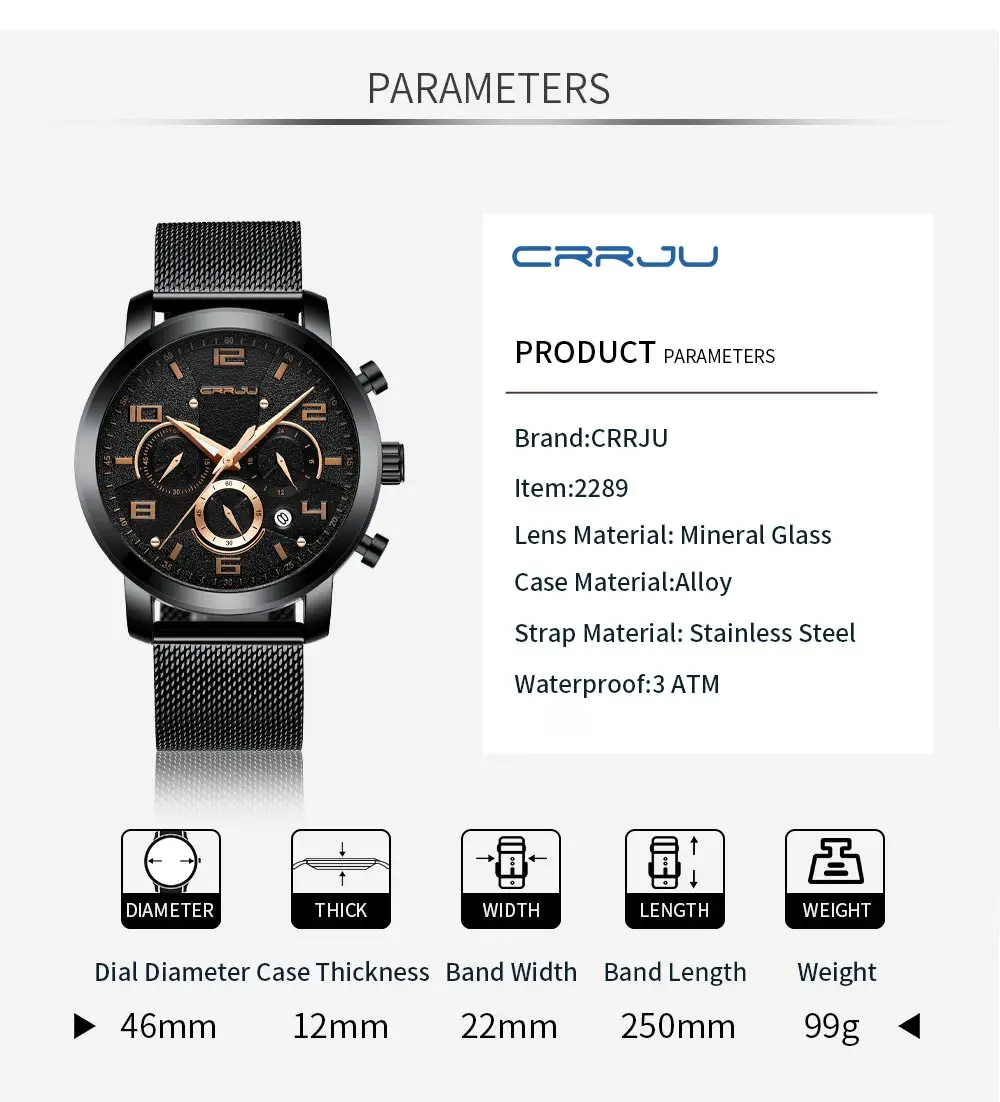 CRRJU часы мужские деловые повседневные кварцевые наручные часы мужские черные Большие водонепроницаемые часы с календарем и сетчатым ремешком reloj hombre