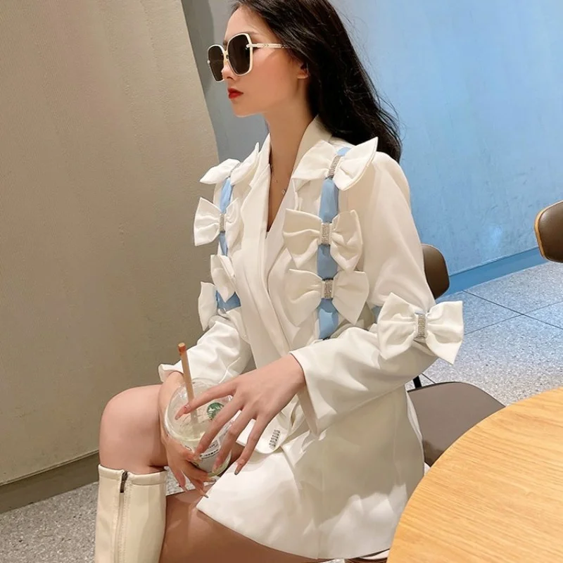 Blazer Fashion Women Autumn New Lady Bow White Suit Jacket Streetwear Single Breasted Party Full Sleeve Outerwear Female S-2XL