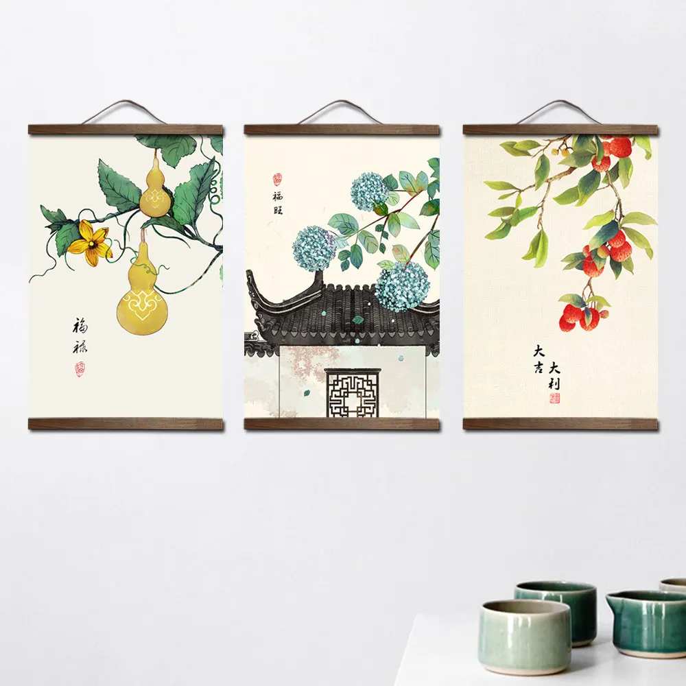 custom chinese style green plants canvas decorative painting Store bedroom living room wall art solid wood scroll painting