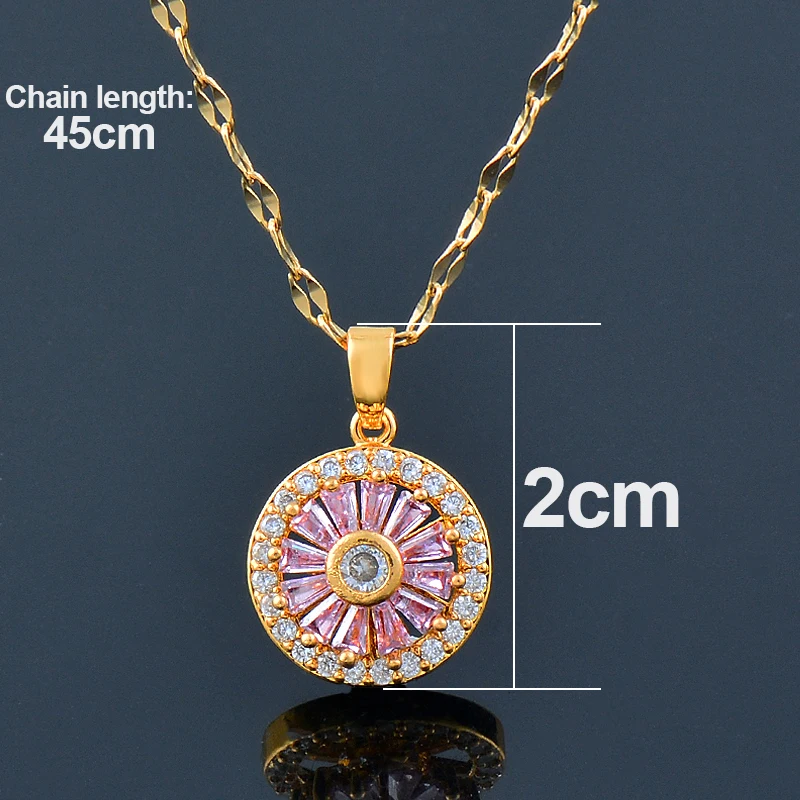 KIOOZOL stainless steel spinner flower pendant necklaces with pink purple cubic zircon stones chain on fashion jewelry 318 KO1