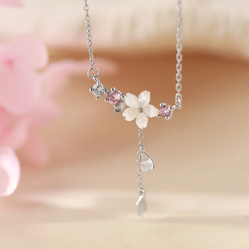 VENTFILLE Silver Color Cherry Flower Shell Long Tassel Necklace for Women Sweet Heart Pendant Clavicle Chain Jewelry Dropship