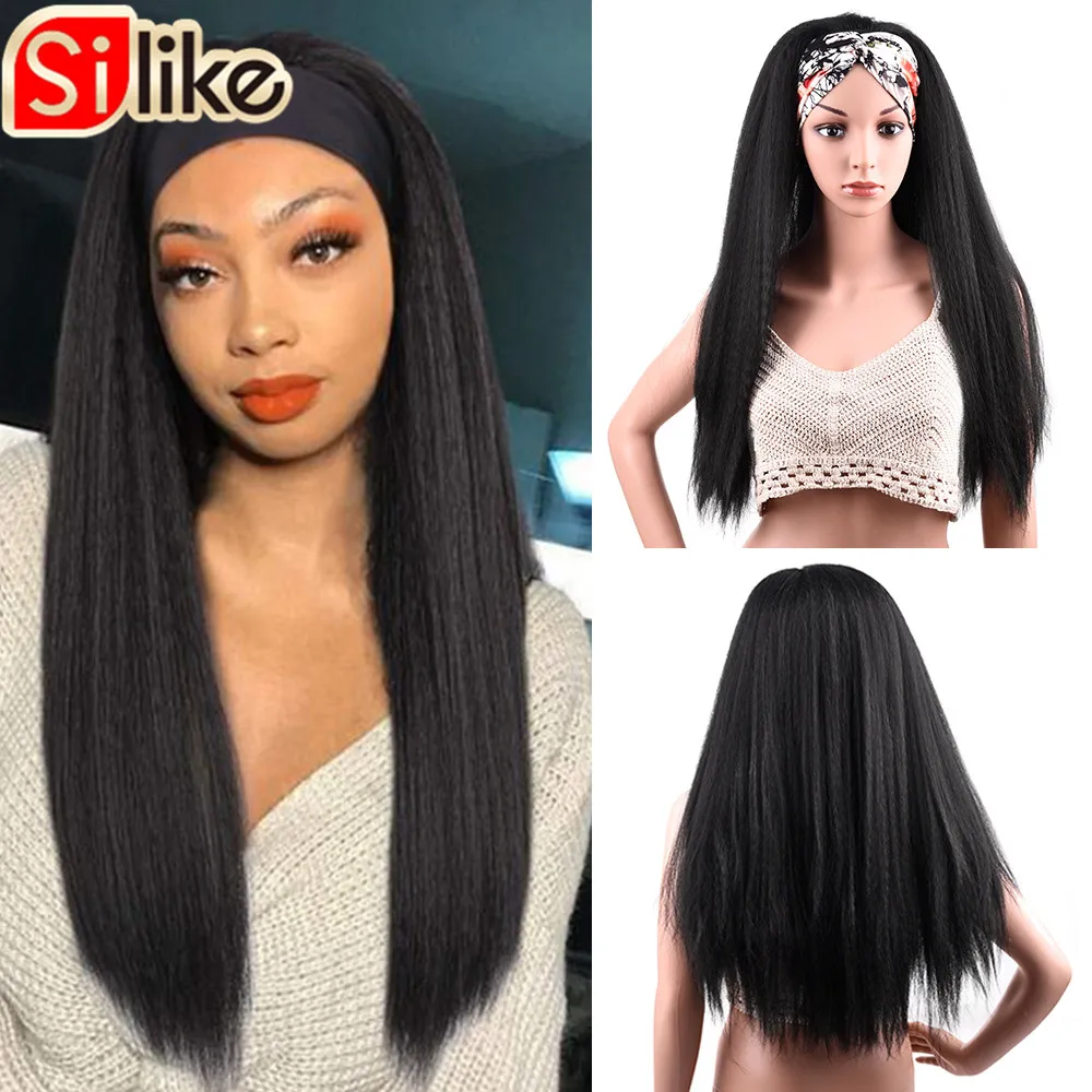 Silike Headband Wig Synthetic Kinky Straight Wigs 24Inch Chic Style Yaki Straight Hair Headband Wig With Pre-attached Scarf