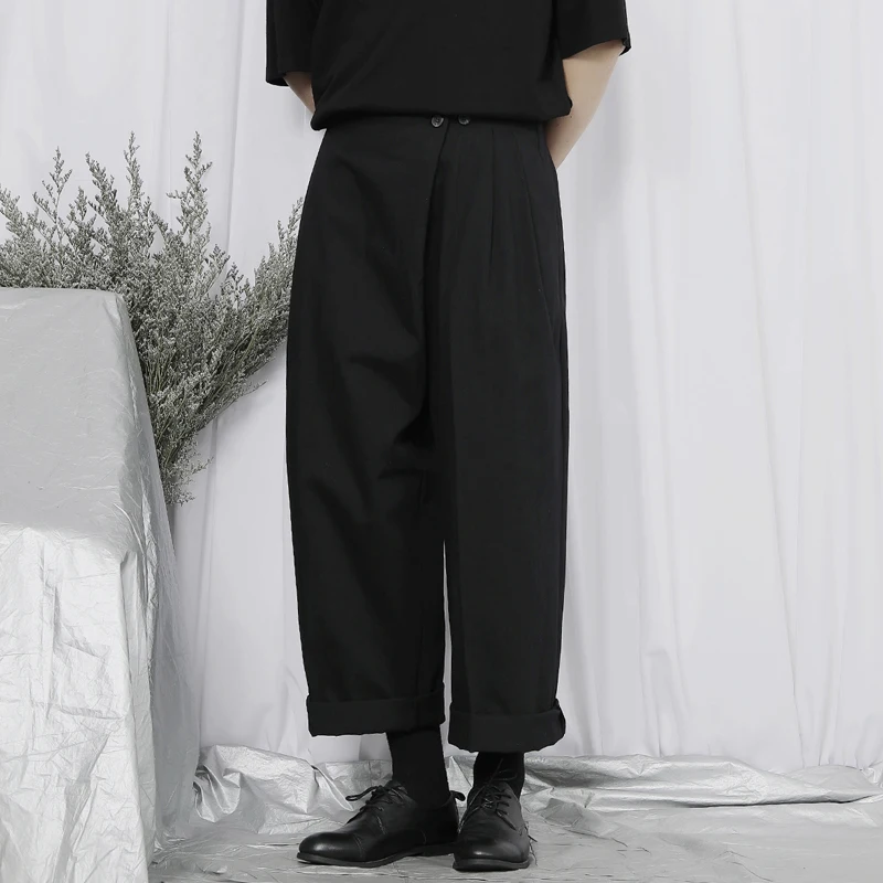 

Men's Pants Black Casual Slim Fit Large New Casual Pants Men's Capris Diagonal Buckle Asymmetric Loose Wide Leg Pants