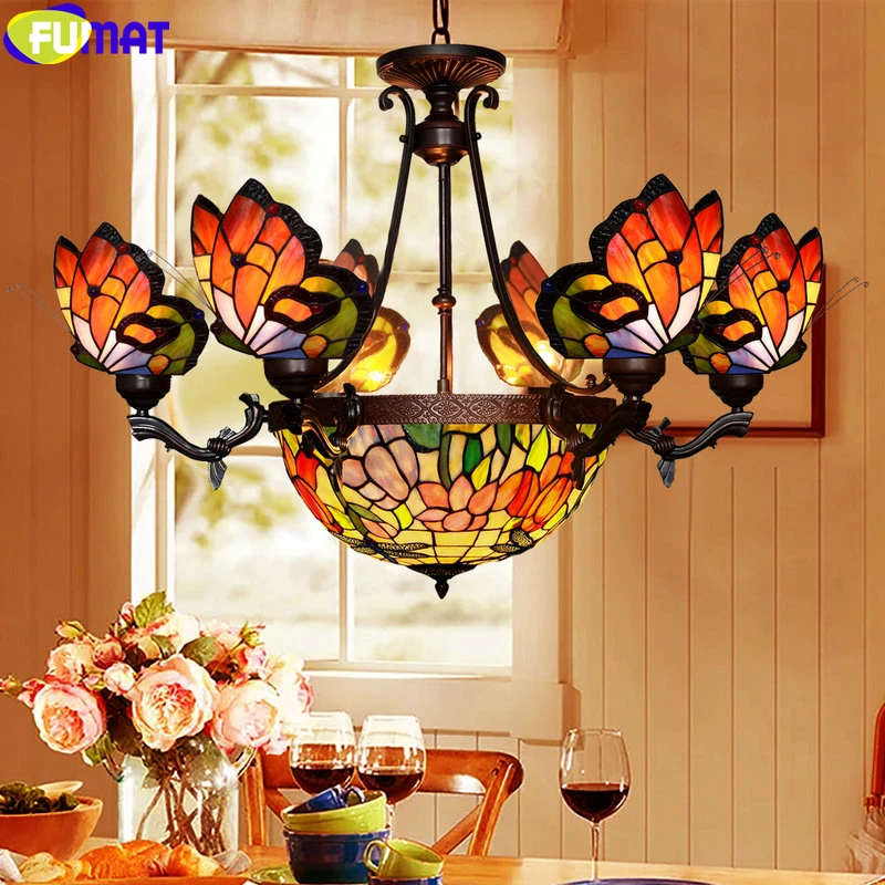 FUMAT Tiffany Style Butterfly Dragonfly Series Stained Glass Flower Rose Shade Pendant Lamps Luxury Chandeliers Antique Lights