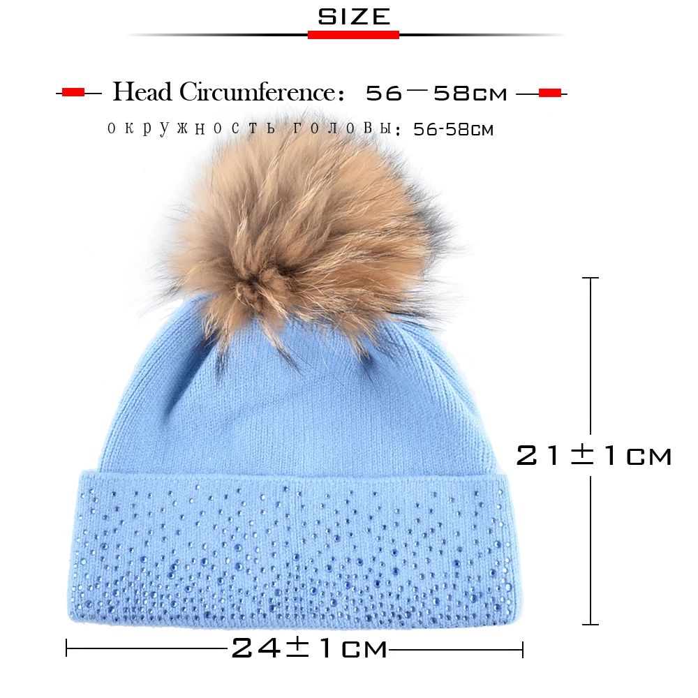 Knitted Wool Beanie With Real Fur PomPom Women Winter Warm Knitting Solid Hats Ladies Rhinestone Skullies Beanies Female Gorras