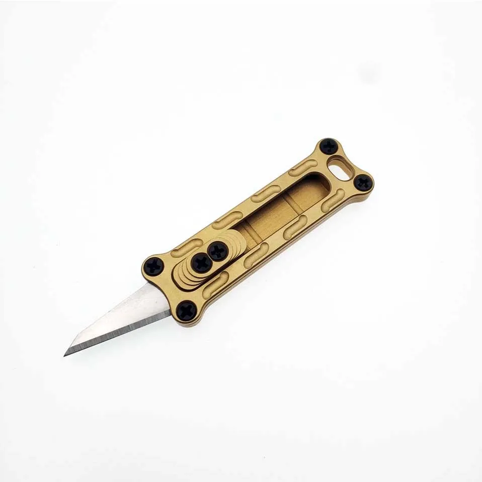 Dobeli Sliding Blade Paper Cutter Utility Knife Key Ring Pocket Knife Brass+Titanium Kalloy Art  Outdoor EDC Tool