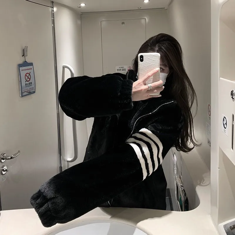 

New Fashion Imitation Rex Rabbit Fur Sports Coat Long Thicken Warm Stand Collar Overcoat Faux Lamb Plush Women Winter Jackets