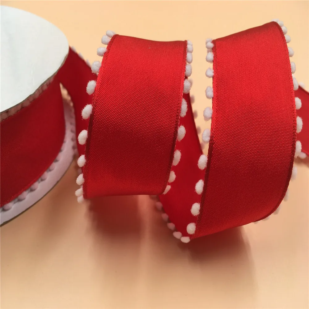 38mm 25Yards Christmas Ribbon Festival Wired Red Ribbons With White Ball for  Decoration New Year Gift Wrapping  1-1/2