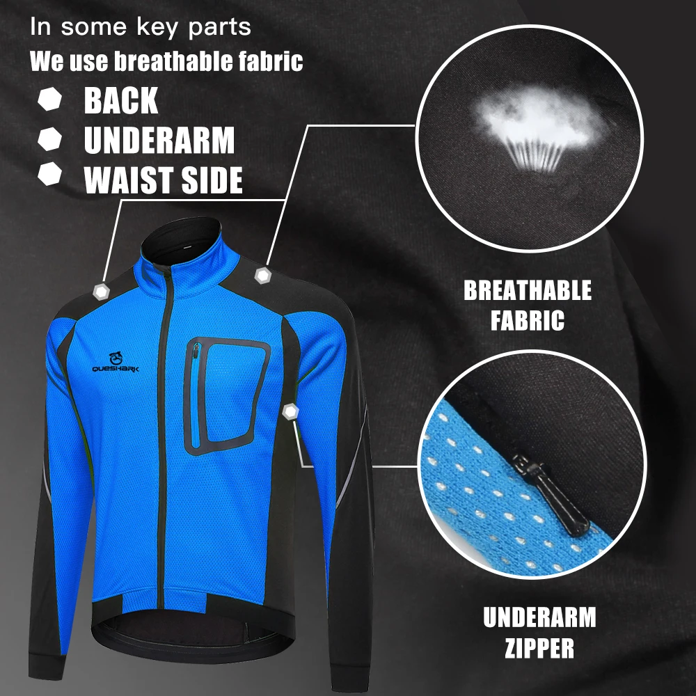 QUESHARK Men Fleece Thermal Winter Long Sleeve Cycling Jacket Windproof Waterproof MTB Road Bike Windbreaker Bicycle Jersey