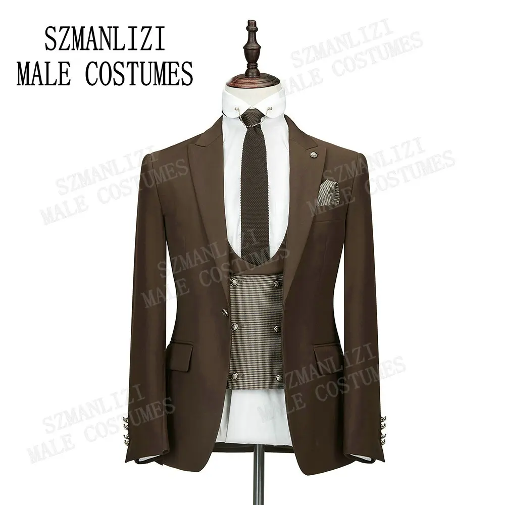 

2020 Fashion Brown Peaked Lapel Men Wedding Groom Suits Prom Bridegroom Tuxedo suit Gentleman 3 Pieces Business Casual Men Suits