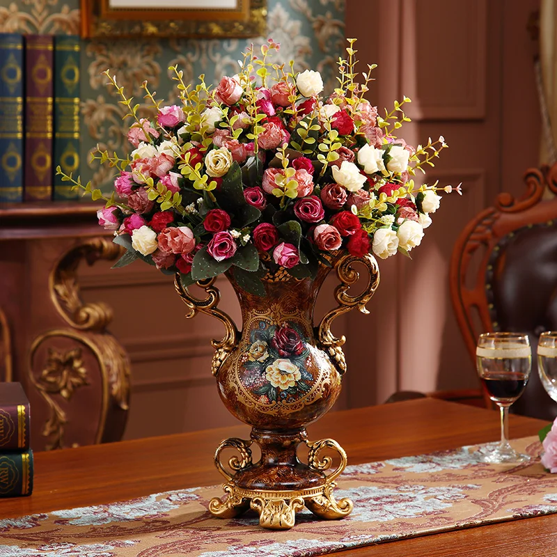 

European Resin Vase+Artificial Flower Set Figurines Home Furnishing Decoration Crafts Livingroom Silk Fake Flower Pot Ornaments