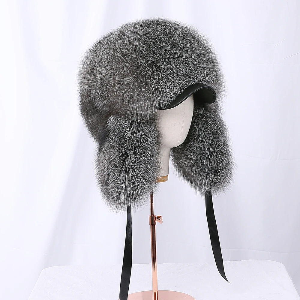 

2020 Winter Unisex 100% Real Fox Fur Bomber Hat Raccoon Fur Ushanka Cap Trapper Russian Ski Hats Caps Real Leather Thick Warm