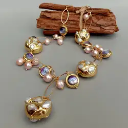 KKGEM Natural Freshwater Cultured White Keshi Pearl Pink Pearl Purple Murano Glass Chain Pearl Y-Drop Necklace