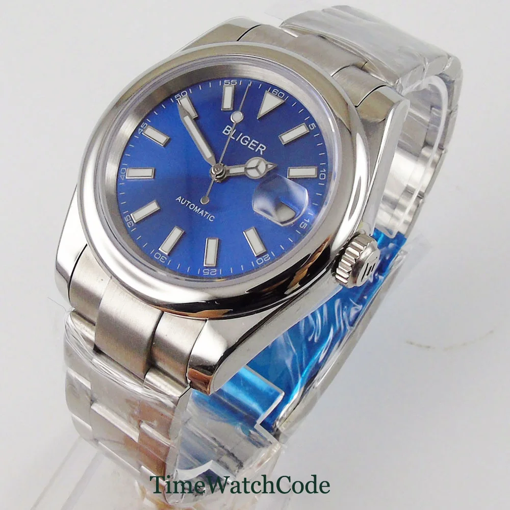 

36mm Miyota 8215 Automatic Men's Watch Sapphire Glass Date Blue Dial 316L Bracelet Luminous Dial Polished Bliger