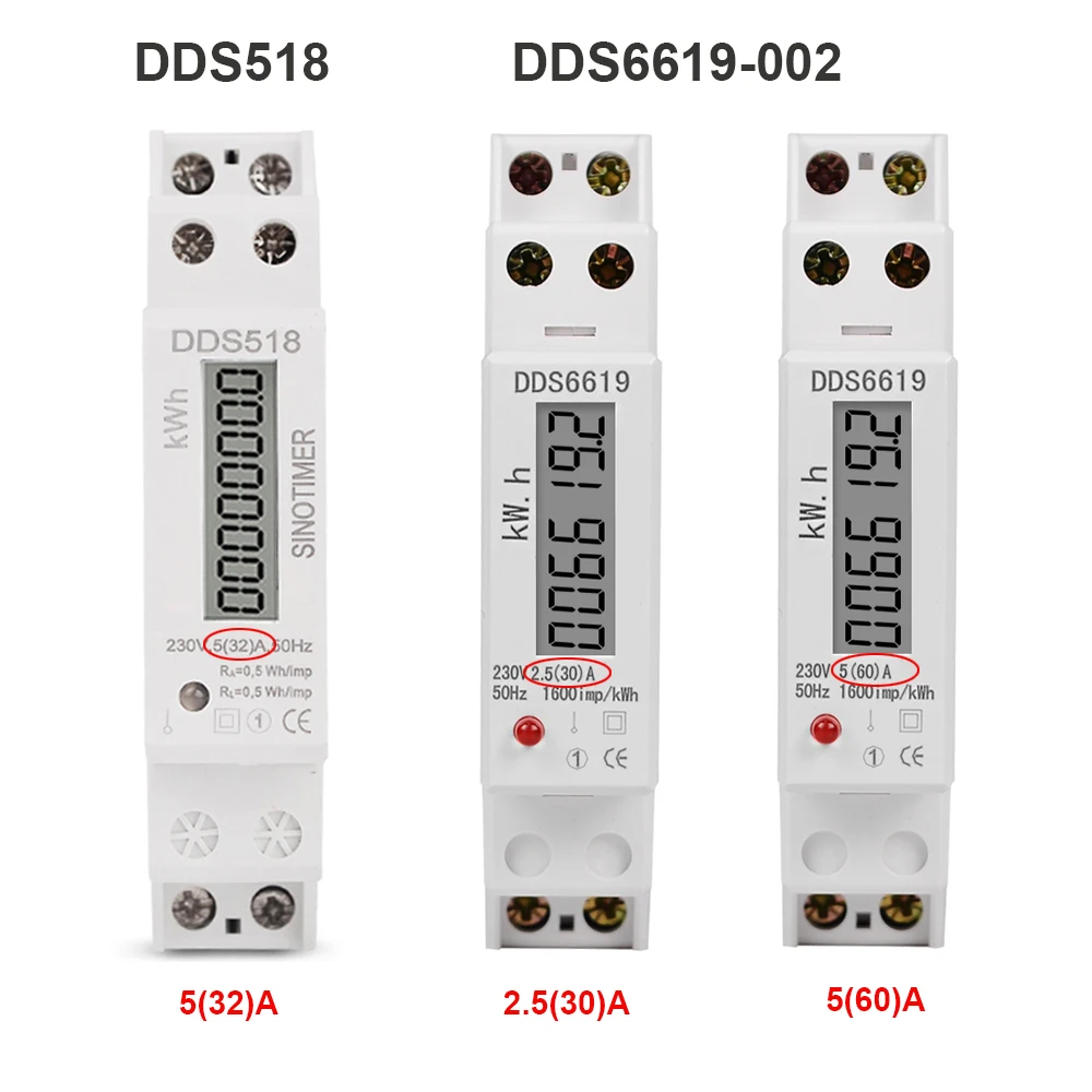 DDS518/6619   Single Phase Wattmeter DIN Rail kwh  Meter 230V Electric Meter Consumption 1P LCD  5(32)A 2.5(30)A 5(60)A  kwh