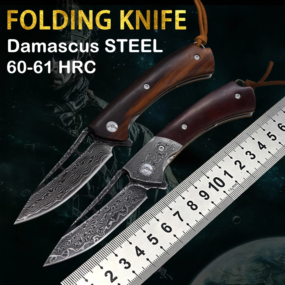 

New Damascus Steel Folding Knife Wilderness Survival Outdoor Rescue Sharp Fruit Knife Self-Defense Hiking High Hardness Tool Edc