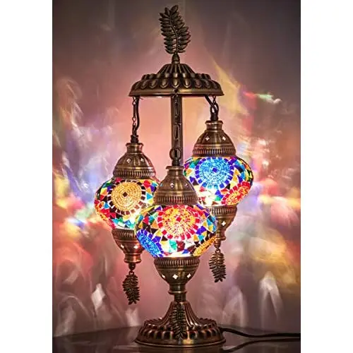 LaModaHome 2020 Stunning 3 Globe English Moroccan Bohemian Table Desk Bedside Night Lamp Light Lampshade with North American Plu