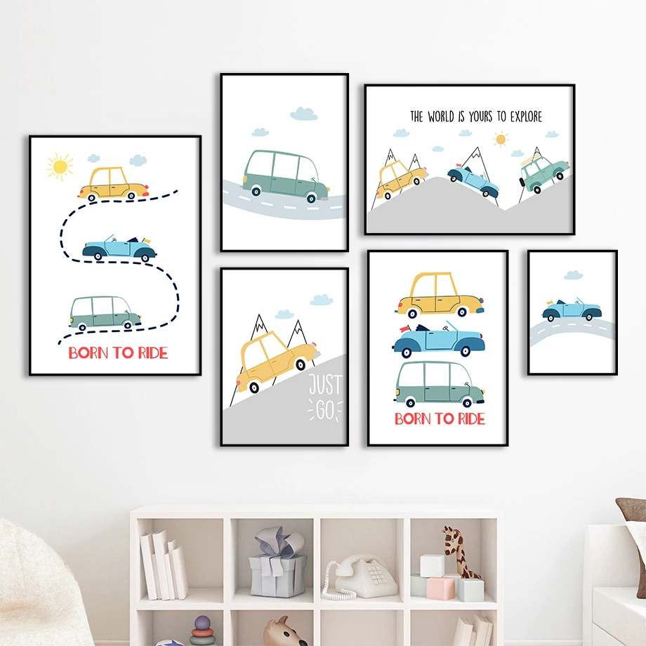 Cartoon Car Mountain Track Sun Quotes Wall Art Canvas Painting Nordic Posters And Prints Nursery Pictures Kids Room Home Decor