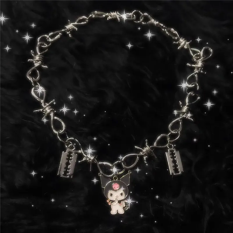 1 Pcs Kuromi Sanrio Cartoon Anime Series Kittywith Silver Necklace Full Kawaii Cute Fashion Clavicle Accessories Baby Girl Gif