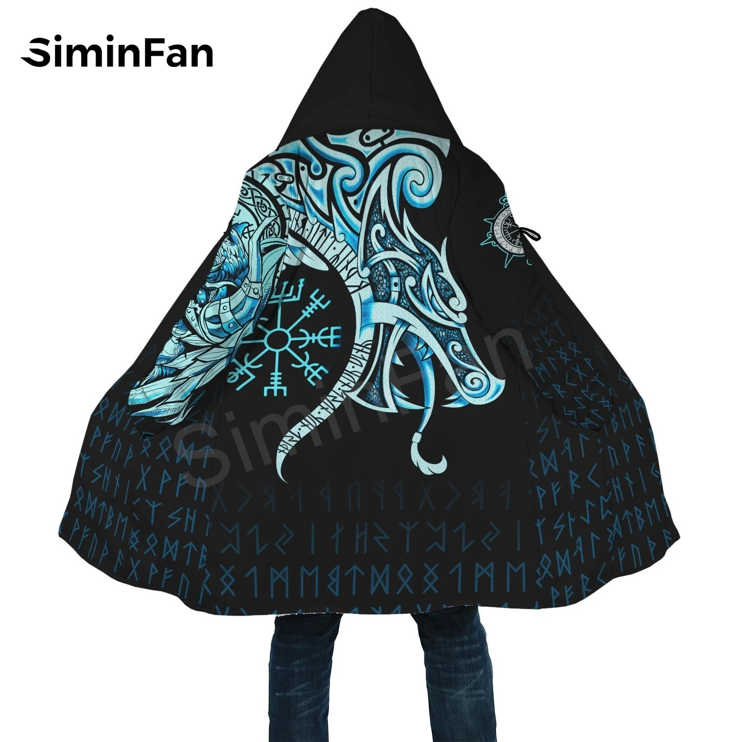 

Winter Mens Hooded Cloak Viking Symbol Tattoo 3D Print Flannel Claw Buckle Coat Unisex Casual Thick Cashmere Warm Cape Jacket 02