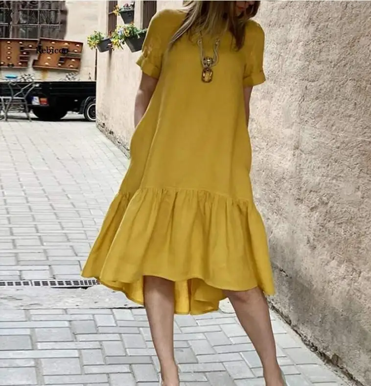 

Women Dress Holiday Summer Short Sleeve Sundress Solid Casual Kaftan Ruffles Loose Vestidos Pockets O-Neck Robe Femme