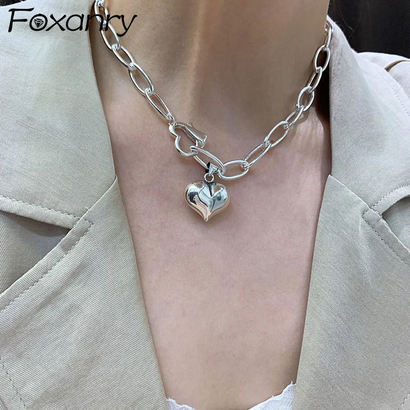 FOXANRY Stamp Thick Chain Bracelets 2024 Trendy Elegant Vintage Hip Hop Creative LOVE Heart Pendant Party Jewelry